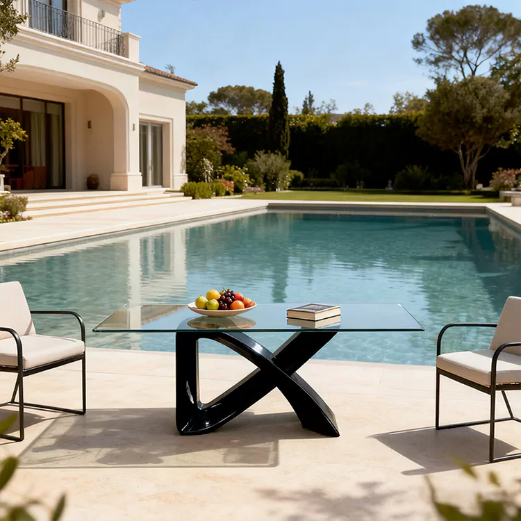 Modern Glass Patio Table with GRP Curved X Base